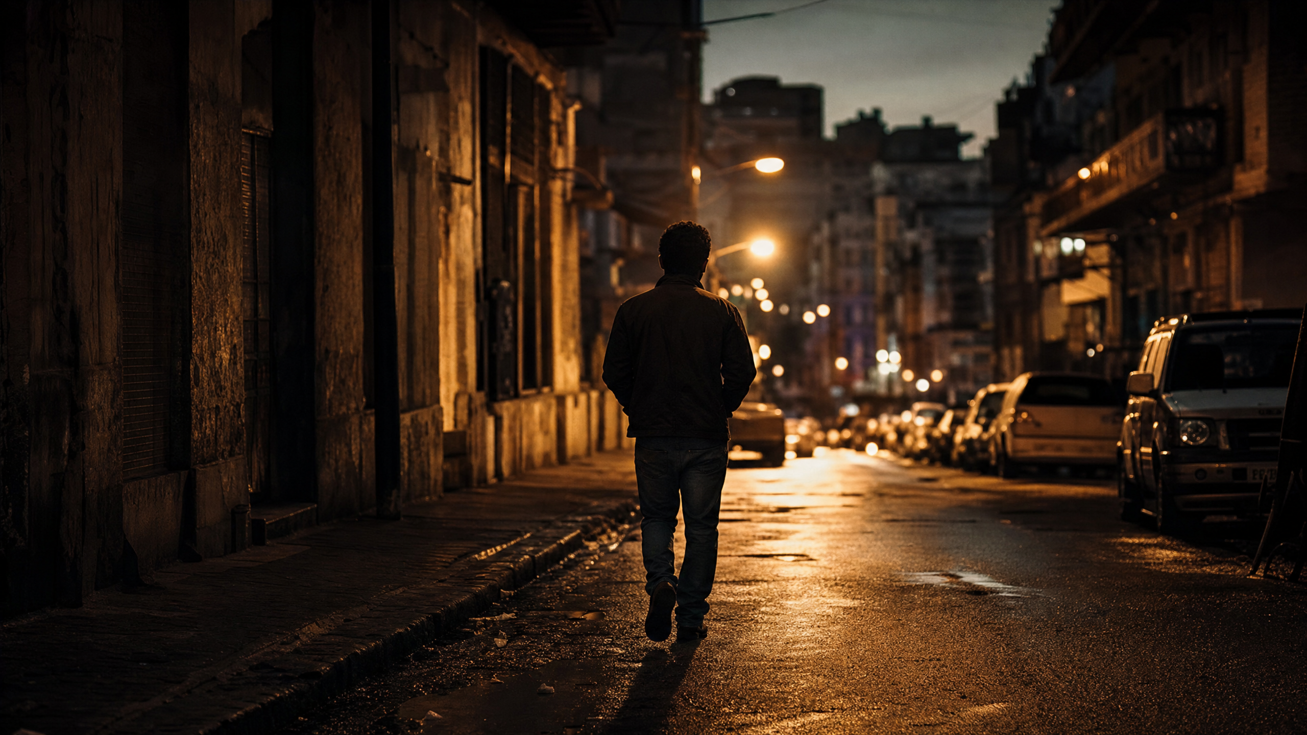 Person walking purposefully down a city street at night
